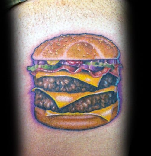 Thigh Male Tattoo With Cheeseburger Design