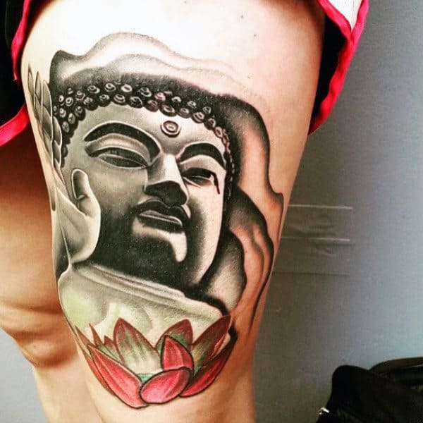 Thigh Men Lotus Buddha Tattoo