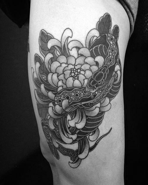 Thigh Mens Japanese Snake Tattoo Ideas