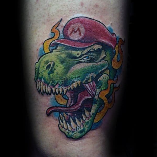 Thigh Mens Tattoo Ideas With Yoshi With Mario Hat Design