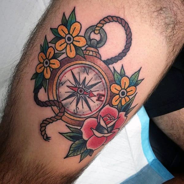 Thigh Mens Traditional Old School Compass Tattoos