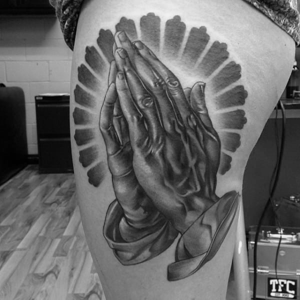 Thigh Open Praying Hands Guys Tattoos