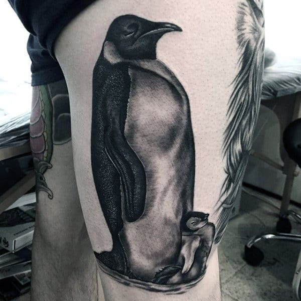 Thigh Penguin Shaded Black And Grey Mens Tattoo Ideas