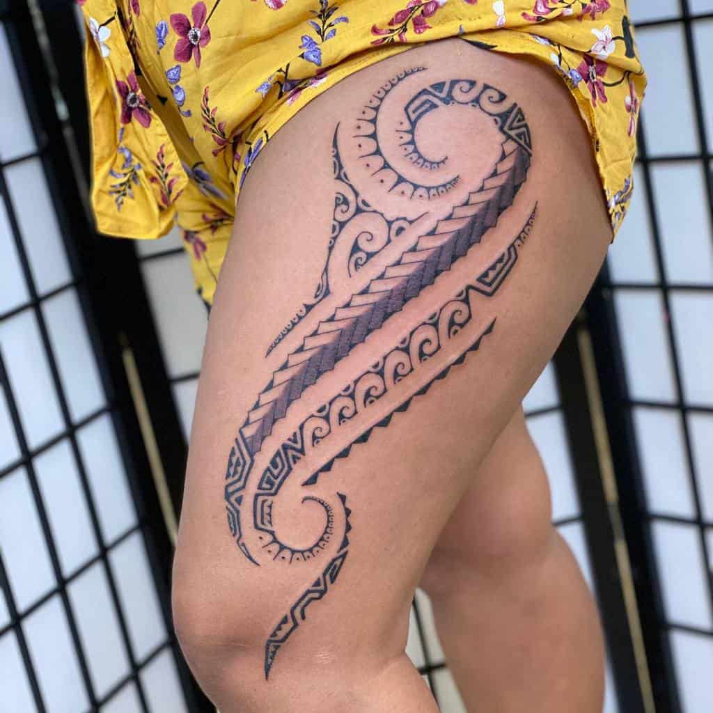 thigh polynesian tribal tattoo inkedbyrae