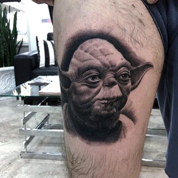 Thigh Portrait Of Yoda Head Mens Realistic Tattoos