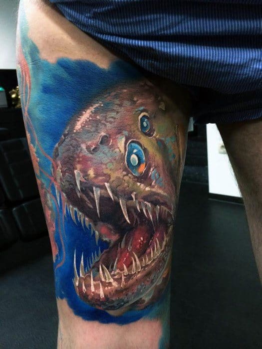 Thigh Realistic 3d Watercolor Eel Tattoos Male