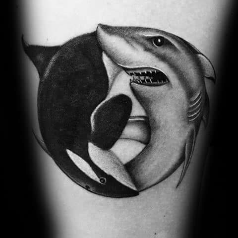 Thigh Shark With Orca Tattoo Ideas For Males