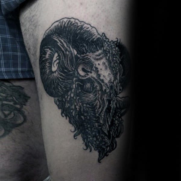Thigh Tattoo For Men Of Detailed Ram Skull