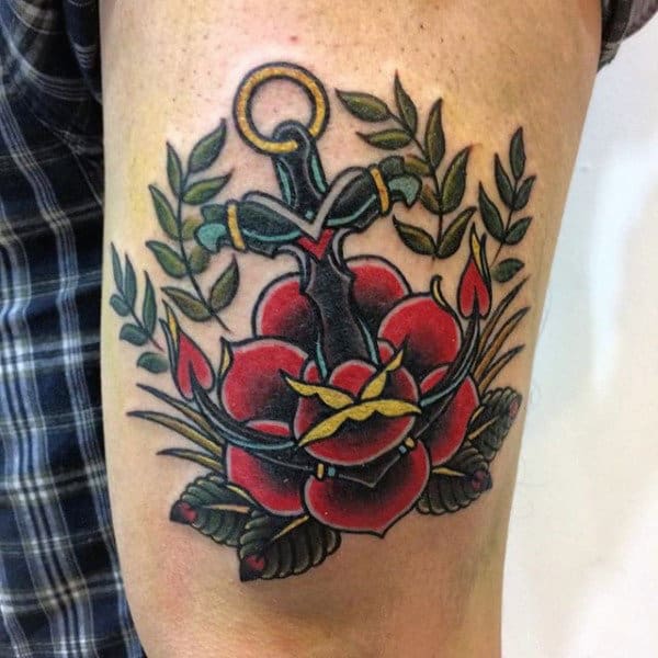 Thigh Traditional Anchor Rose Mens Tattoos