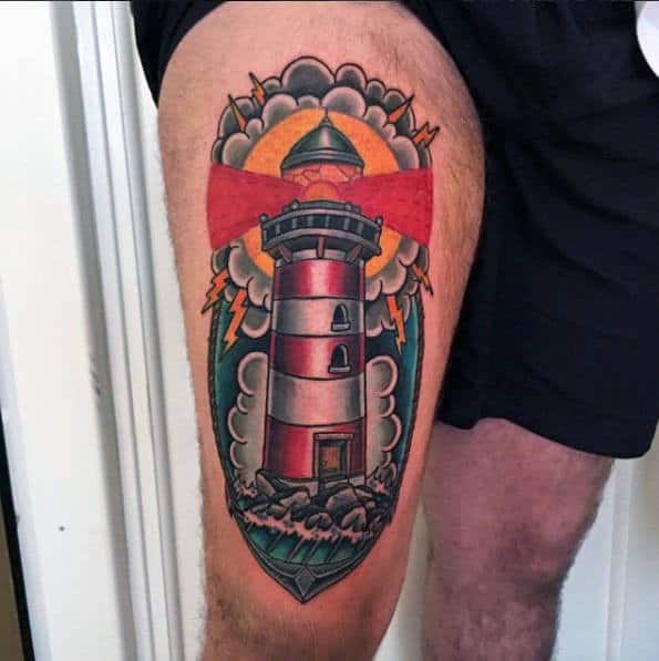 Thigh Traditional Lighthouse Male Tatoto Ideas