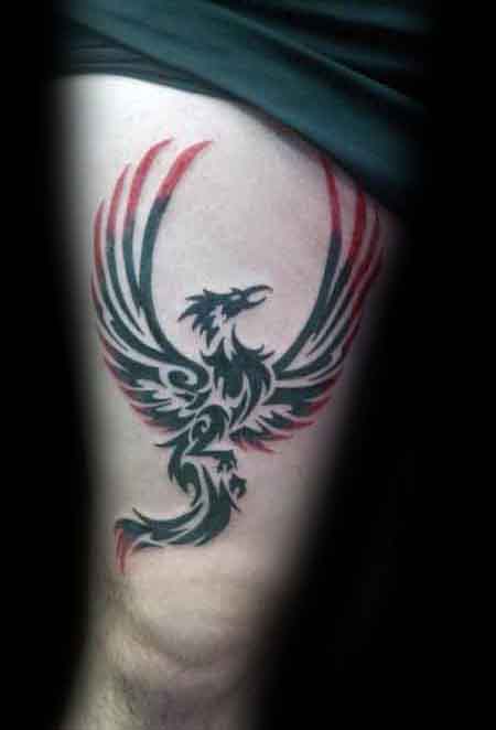 Thigh Tribal Phoenix Mens Red And Black Ink Tattoos