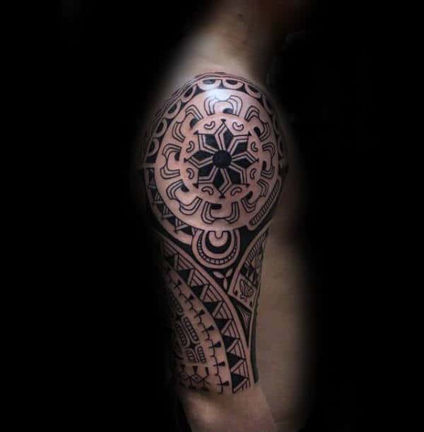 Thin Black Ink Lines With Sun Mens Tribal Half Sleeve Tattoo
