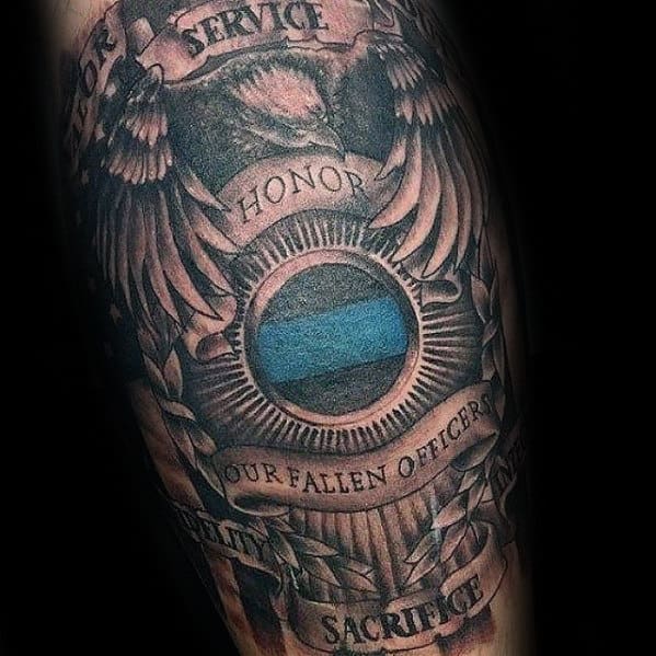 Thin Blue Line Fallen Law Enforcement Office Mens Police Eagle And Badge Inner Arm Bicep Tattoos