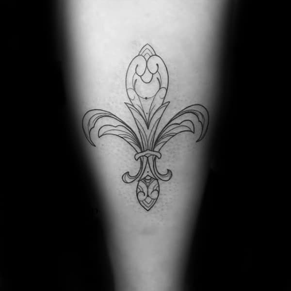 Thin Outline Black Ink Fleur De Lis Male Tattoo Design Ideas.