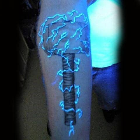 Thor Hammer Glow In The Dark Mens Wrist Tattoo With Glowing Lightning