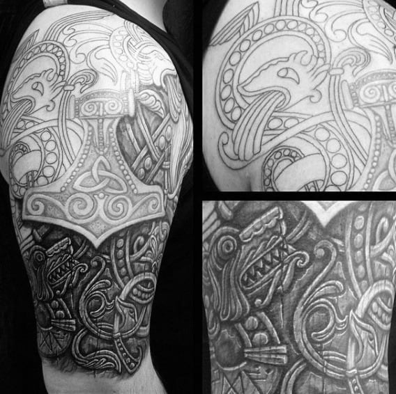 Thor Hammer Male Wood Carving Half Sleeve Norse Tattoos