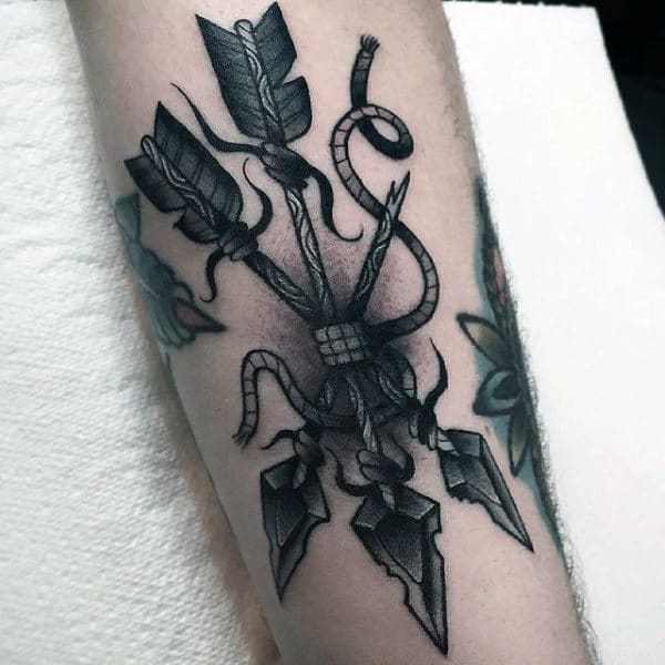 Three Arrows Held Together By Rope Tattoo Male Forearms