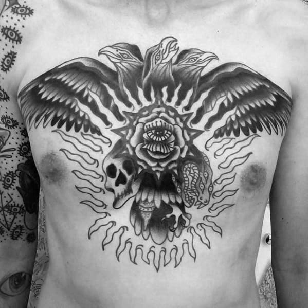 Three Headed Crow Guys Traditional Upper Chest Tattoo Ideas