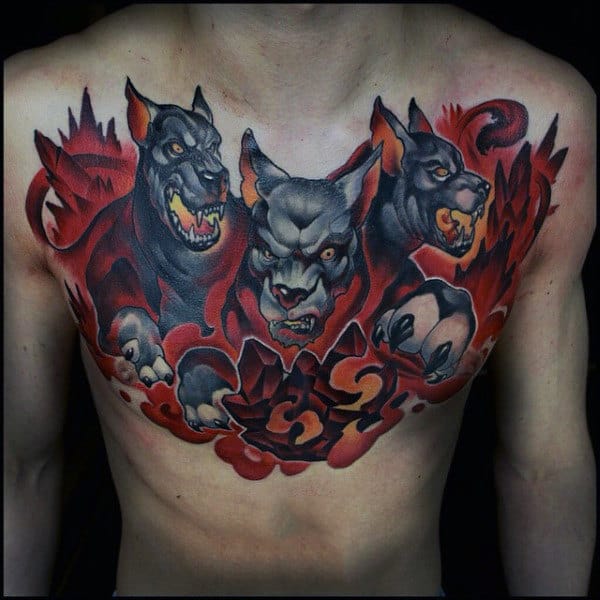 Three Headed Dog Cerberus Mens Upper Chest Flaming Tattoos