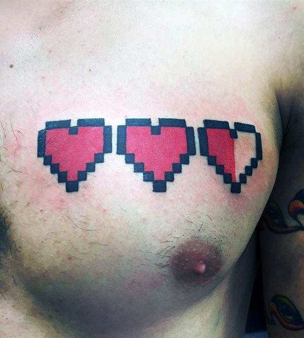 Three Hearts 8 Bit Male Tattoo Designs On Upper Chest