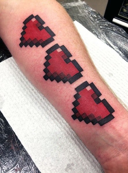 Three Hearts 8 Bit Video Game Male Inner Forearm Tattoos