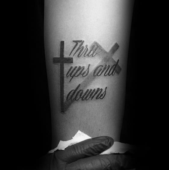 Through Ups And Downs Simple Christian Cross Mens Forearm Tattoo