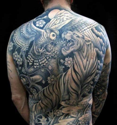 Tiger And Barn Owl Mens Full Back Japanese Tattoo Ideas