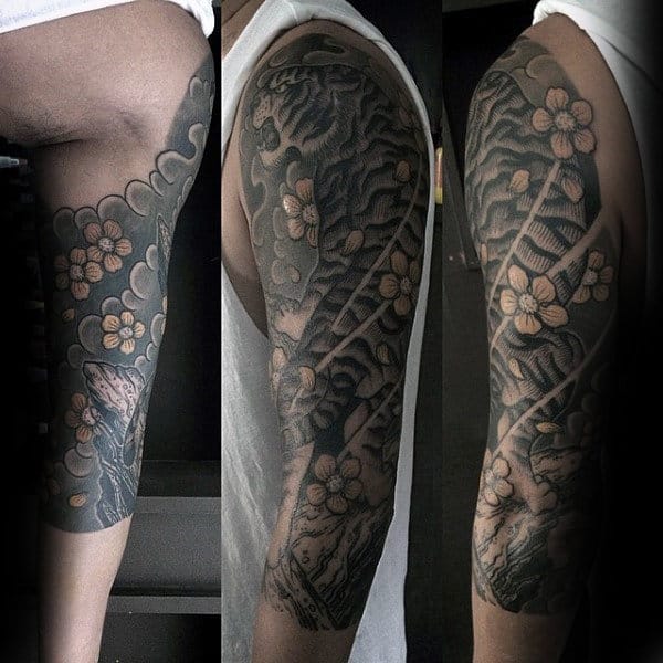 Tiger Black And Grey Cherry Blossom Flower Mens Half Sleeve Tattoo