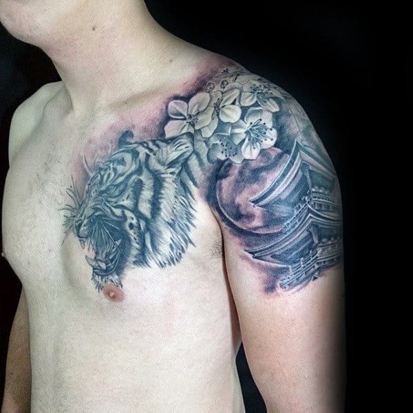 Tiger Cherry Blossom Mens Shoulder Tattoo Inspiration