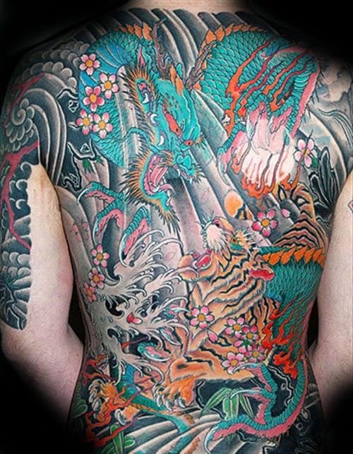 Tiger Dragon Back Mens Tattoo Designs
