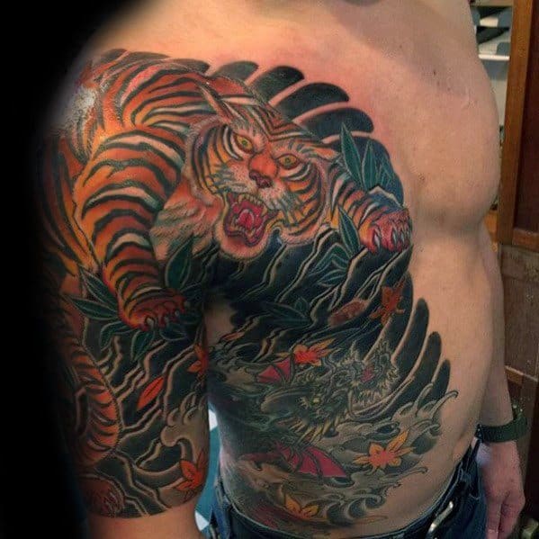 Tiger Dragon Half Chest Tattoo Designs For Guys