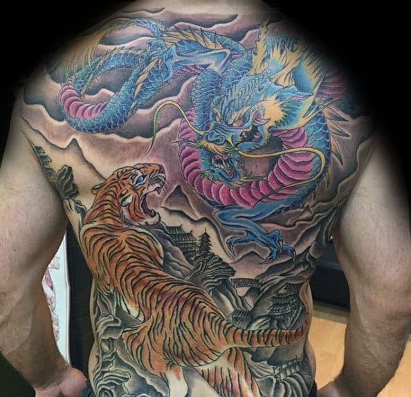 Tiger Dragon Themed Mens Back Tattoo Ideas