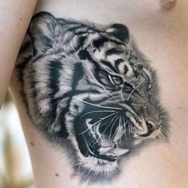 Tiger On Rib Cage Side Hyper Realistic Mens Tattoos