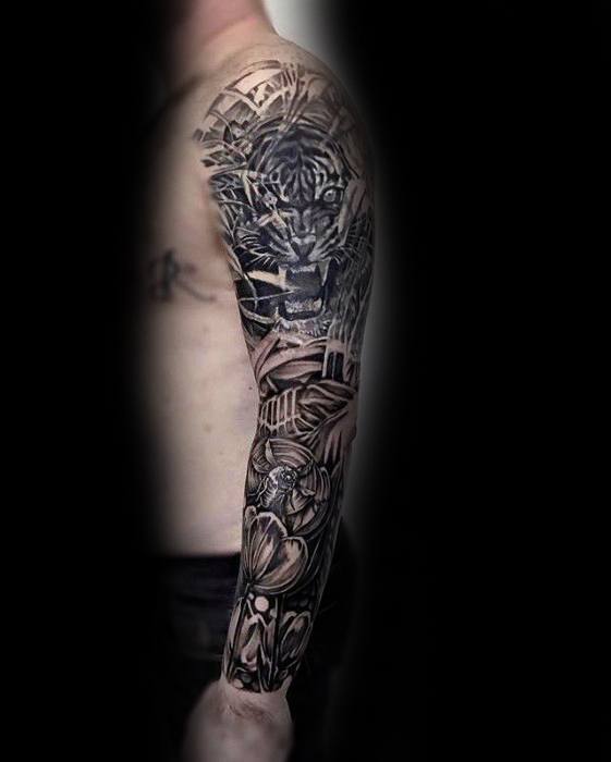 Tiger Themed Male Tattoo Cover Up Sleeve Design Inspiration