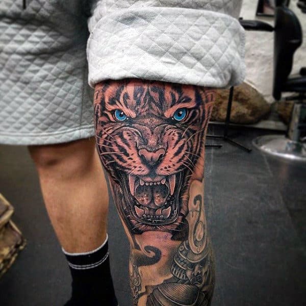 Tiger With Blue Eyes Mens Knee Tattoos