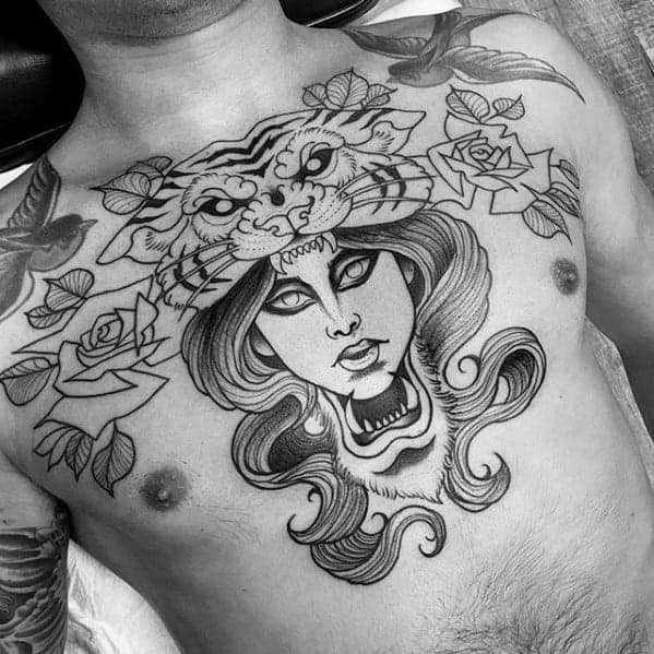 tiger-with-flowers-and-female-portrait-traditional-guys-chest-tattoo