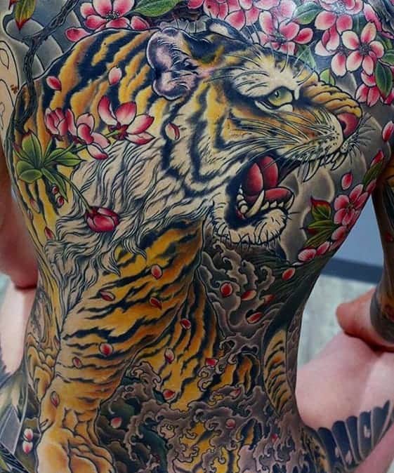 tiger-with-flowers-mens-japanese-back-tattoo-ideas