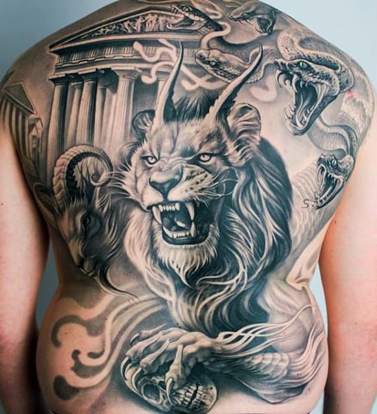 Tiger With Skull And Greek Building Awesome Mens Back Tattoos