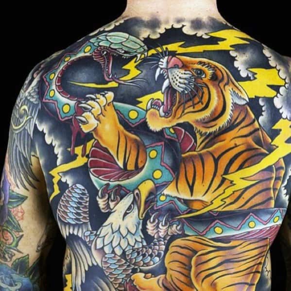 Tiger With Snake And Bald Eagle Mens Back Tattoos