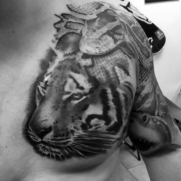 Tiger With Snake Guys 3d Shaded Upper Chest Tattoos