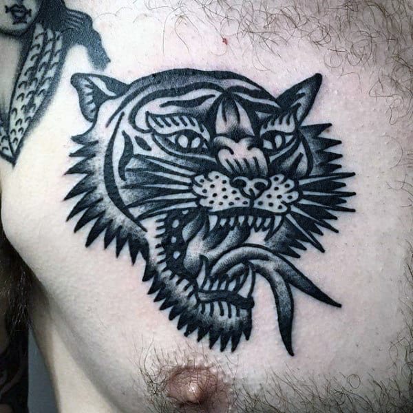 Tiger With Snake Tounge Mens Traditional Upper Chest Tattoos