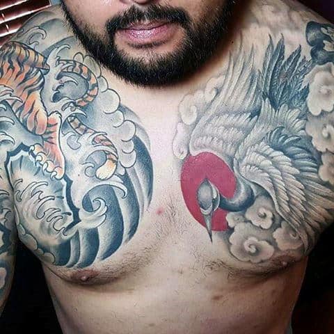 Tiger With Water Waves And Crane With Clouds Mens Japanese Upper Chest Tattoo
