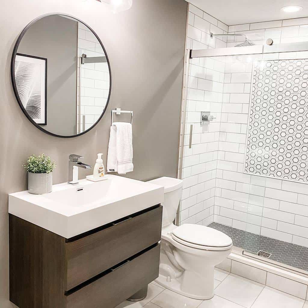 white bathroom with brown draws