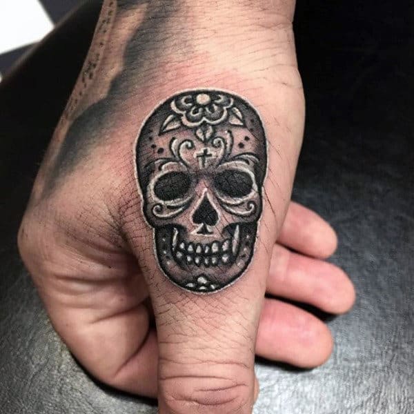 Tiny Black Day Of The Dead Skull Tattoo Guys Hands