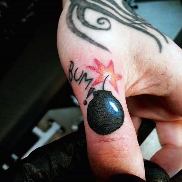 Tiny Black Flaming Bomb Tattoo Mens Fingers