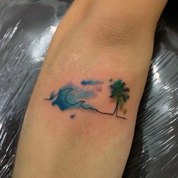 Tiny Blue Surf And Green Tree Tattoo Forearms