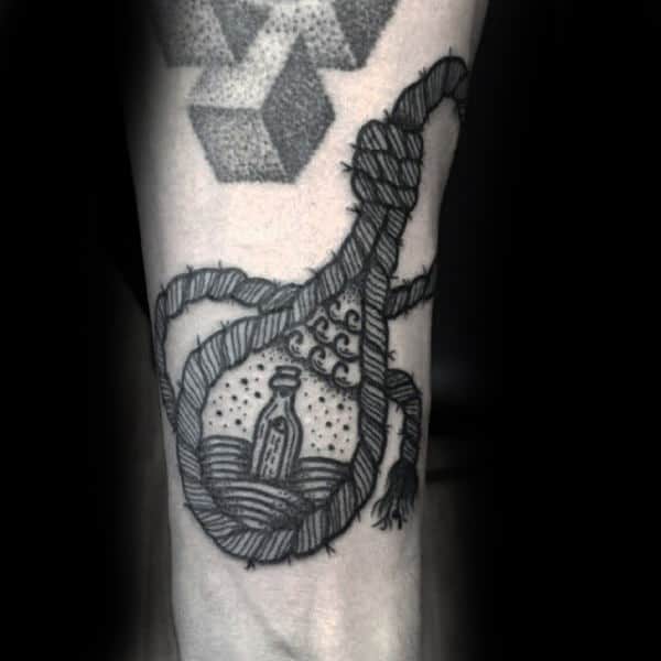 Tiny Bottle Inside Rope Loop Tattoo Guys Forearms