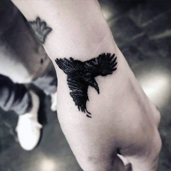 Tiny Dark Raven Tattoos Mens Hands