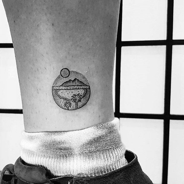 Tiny Dotwork Sun With Mountains Ankle Male Tattoo Designs