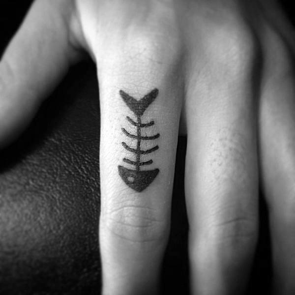 Tiny Mens Fish Skeleton Black Ink Finger Tattoos